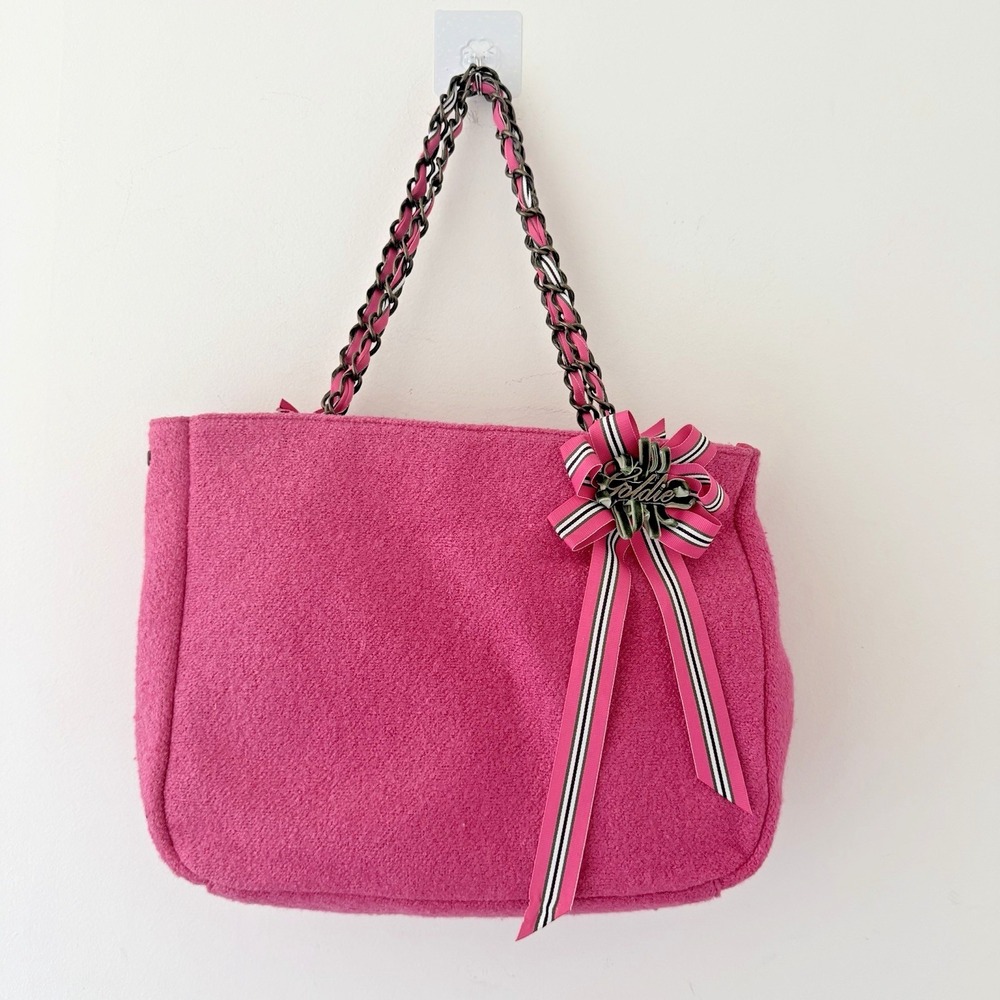 Pink Boucle Tote Bag Coquette Bow Chain Shoulder Purse Barbiecore Y2K